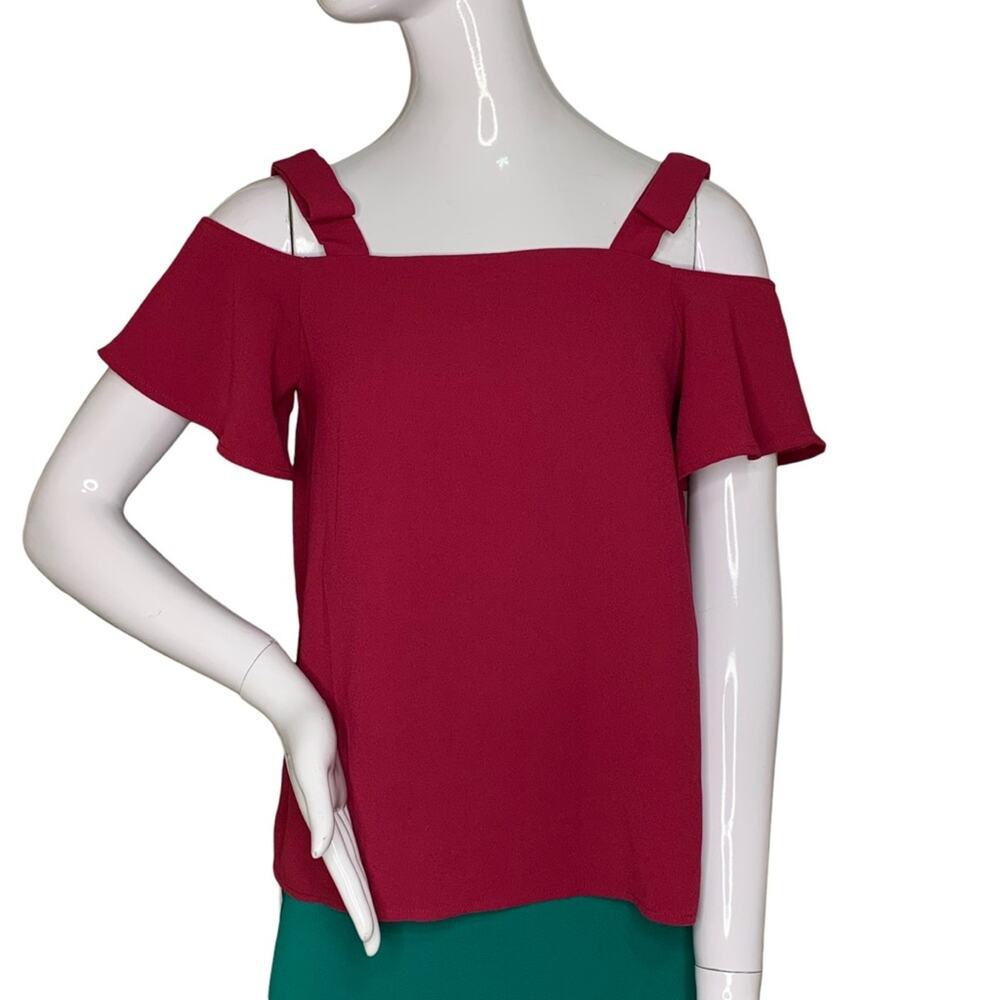 Ann Taylor Petite Blouse Cold Shoulder Wine Color Size Petite XS Bow Straps